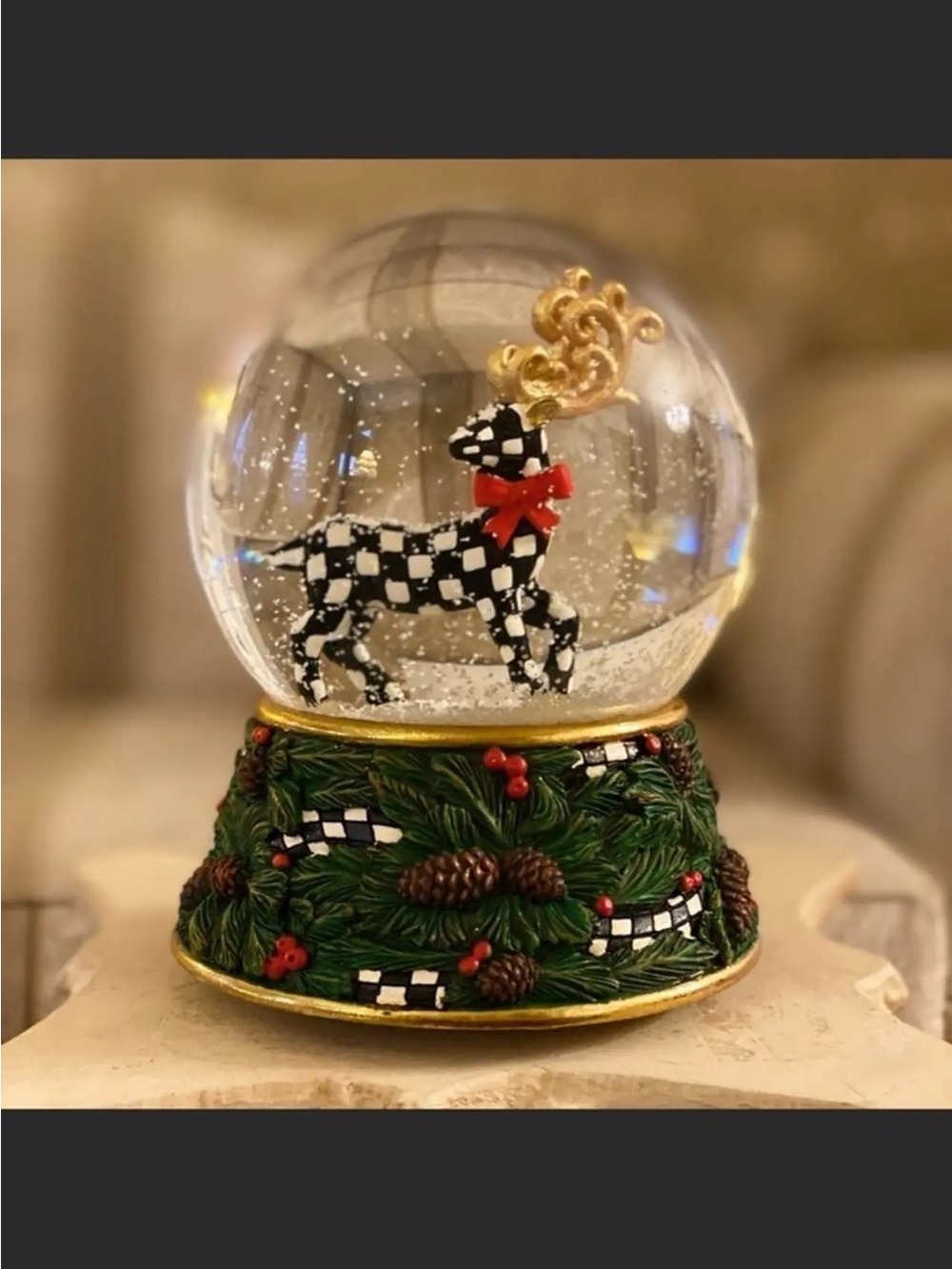 MacKenzie-Childs Black & White Check Reindeer Snow Globe with Gold Antlers